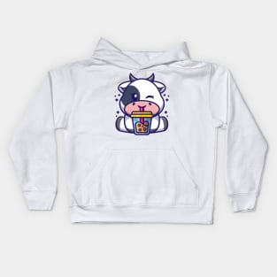 Cute cow drinking boba milk tea cartoon Kids Hoodie